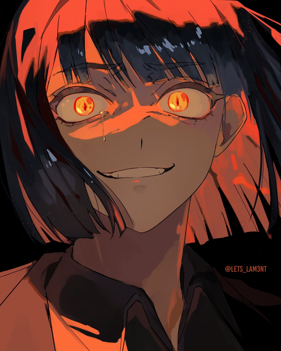 1girl, artist_name, black_background, black_hair, black_shirt, bob_cut, crying, crying_with_eyes_open