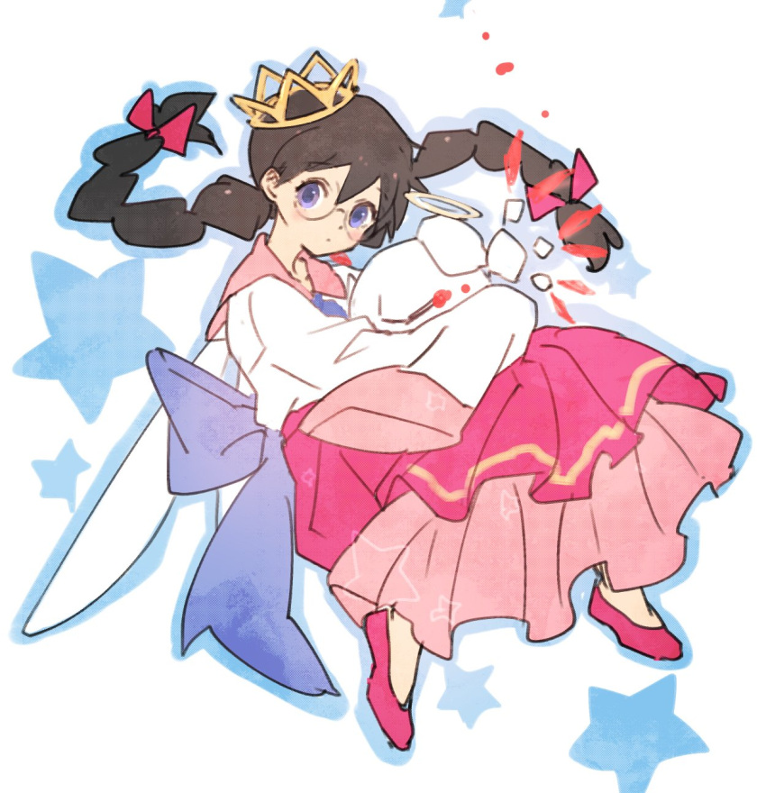 1girl, back_bow, black_hair, bow, crown, fairy, fairy_wings, glasses
