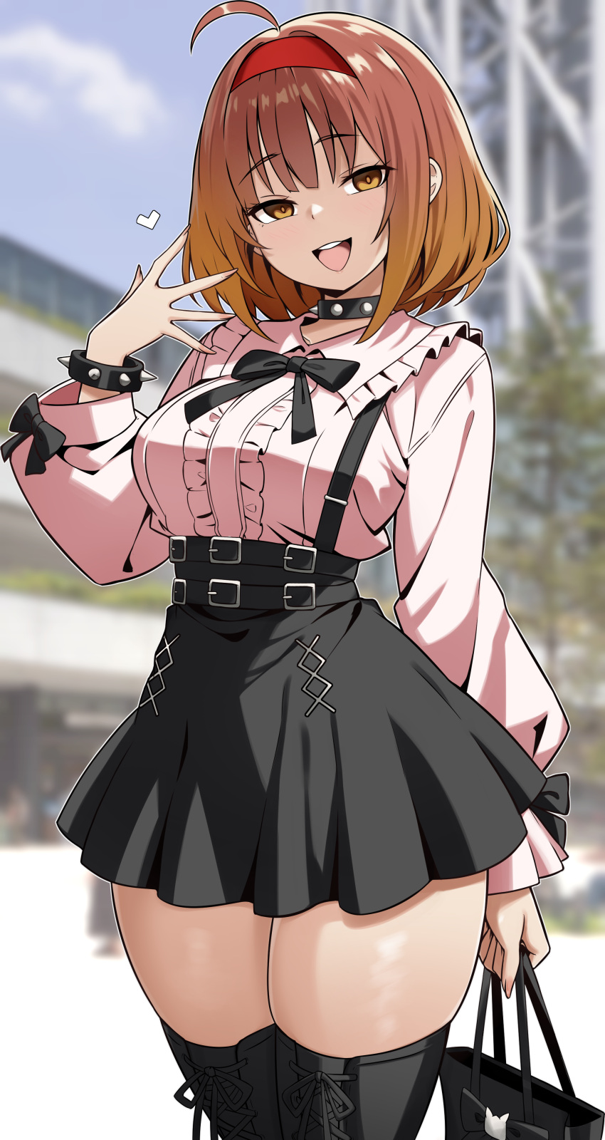 1girl, absurdres, ahoge, arm_at_side, bag, black_bag, black_boots, black_bow