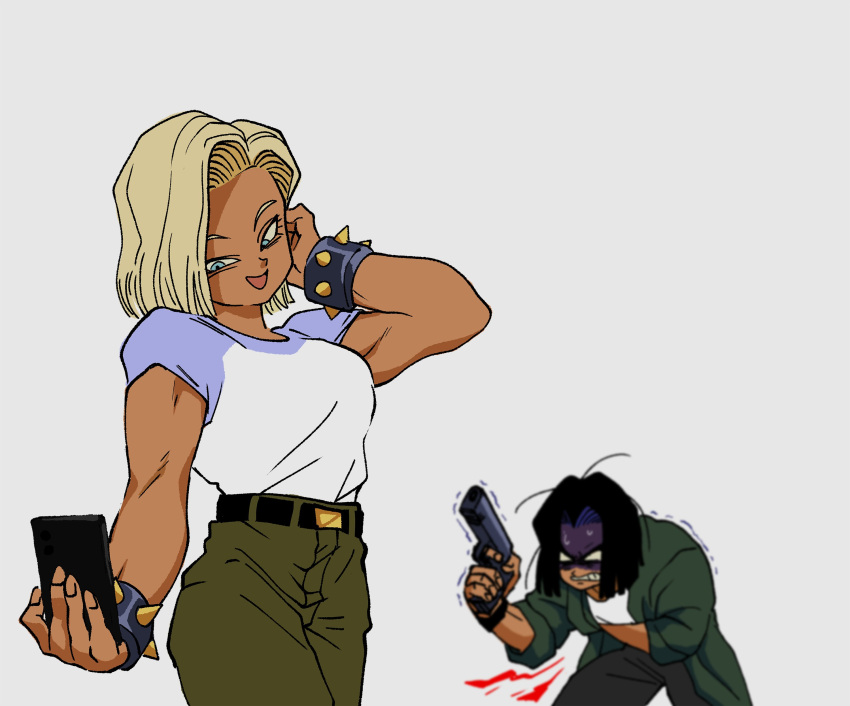 1boy, 1girl, absurdres, alternate_costume, alternate_skin_color, android_17, android_18, arm_up