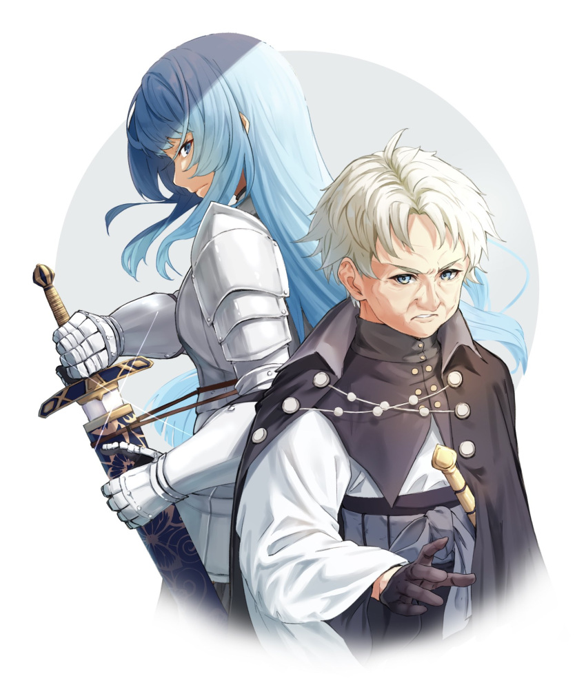 2girls, armor, blue_eyes, blue_hair, highres, hime_cut, holding, holding_sword