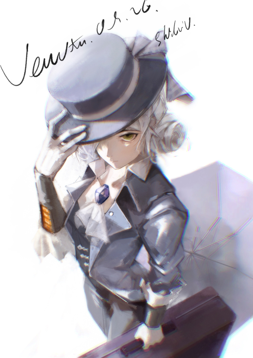 1girl, absurdres, ascot, black_coat, black_hat, black_pants, black_umbrella, blue_bow