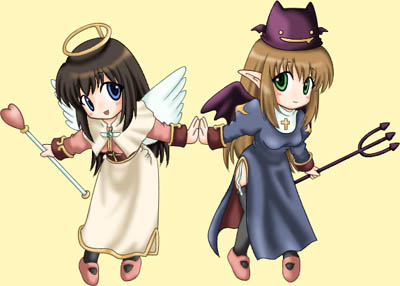 2000s_(style), 2girls, acolyte_(ragnarok_online), angel_and_devil, bad_id, bad_source, black_hair, black_thighhighs