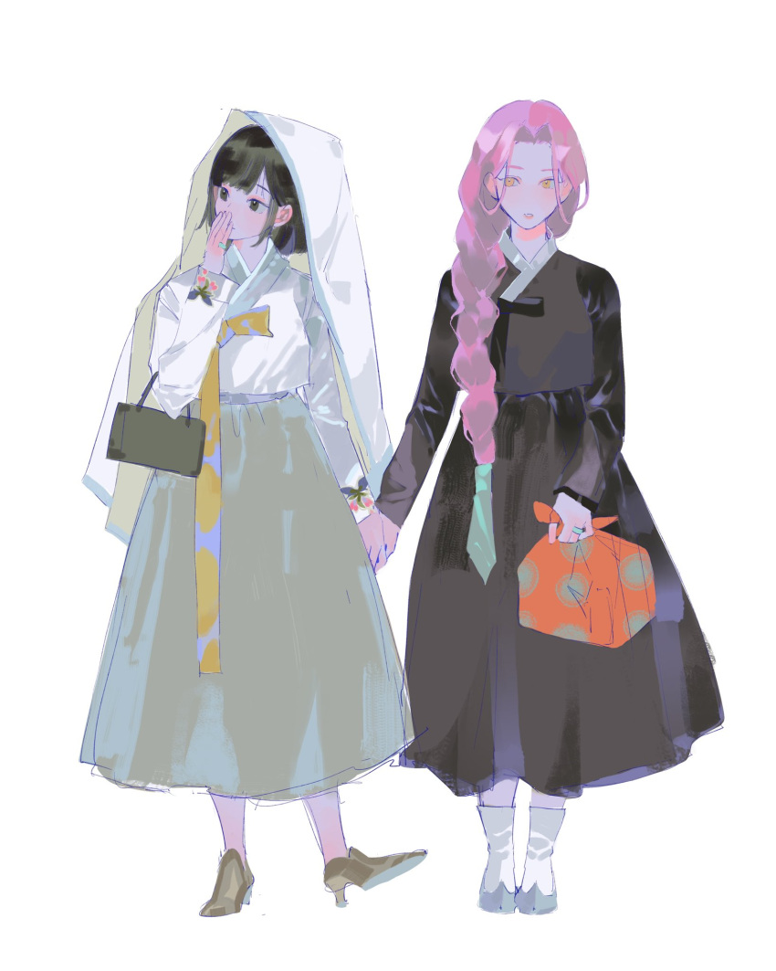 2girls, alien_stage, alternate_costume, bag, black_eyes, black_hair, black_hanbok, braid, commentary, covering_own_mouth, daenggi, english_commentary, green_skirt, hanbok, hand_over_own_mouth, highres, holding, holding_hands, kakyoriya, korean_clothes, long_hair, long_sleeves, medium_hair, mizi_(alien_stage), multiple_girls, pink_hair, shoes, single_braid, skirt, sua_(alien_stage), veil, very_long_hair, white_veil, yellow_eyes