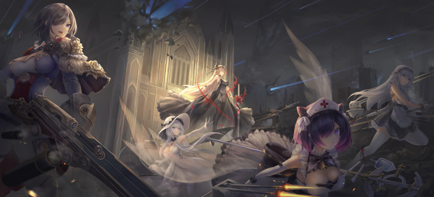 5girls, absurdres, ark_royal_(azur_lane), azur_lane, birds-mix, breasts, castle, clouds