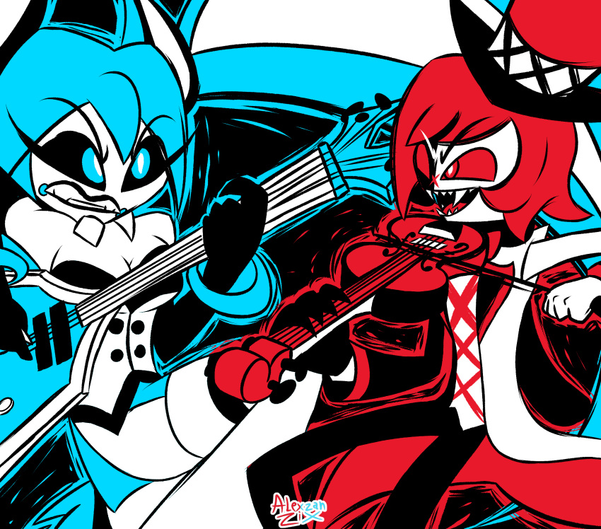 blue_eyes, blue_hair, enemies, fukase, hatsune_miku, instrument, red_eyes, red_hair, vocaloid