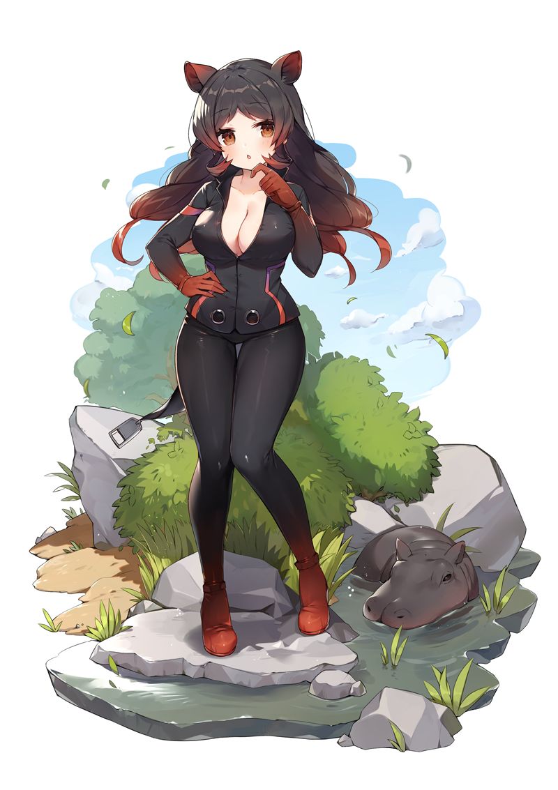 1girl, animal, animal_ears, baby_hippopotamus, bangs, brown_eyes, cleavage, finger_to_own_chin, hand_on_hip, hippopotamus, hippopotamus_(kemono_friends), hippopotamus_ears, hippopotamus_girl, hippopotamus_tail, kemono_friends, kemono_friends_kingdom, official_art, open_mouth, red_gloves, rivets, water