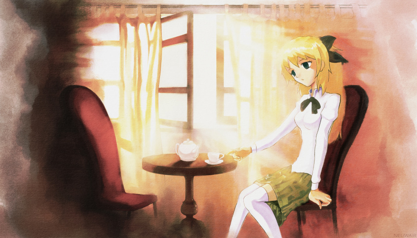 blind, blonde_hair, blue_eyes, green_skirt, katawa_shoujo, neuwair, satou_lilly, school_uniform, skirt, teacup, watercolor_(medium)