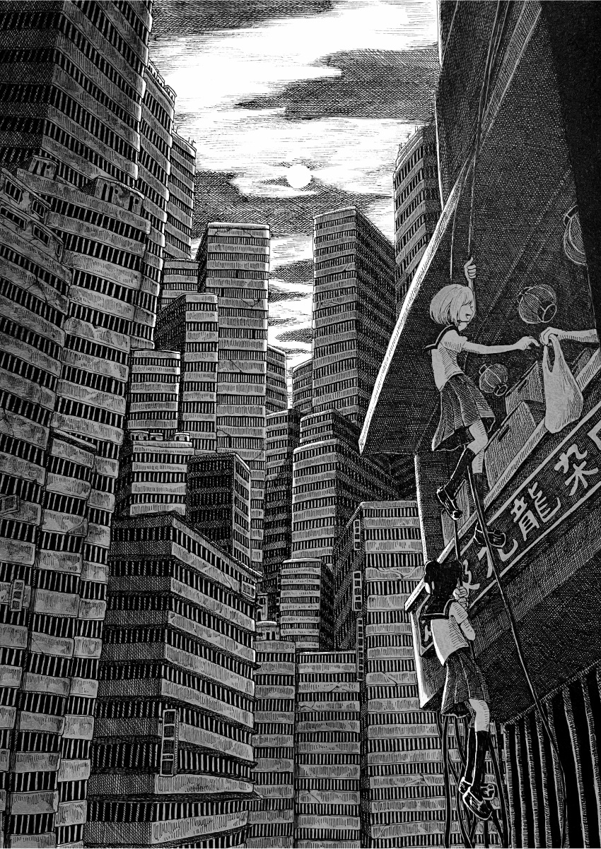 2girls, absurdres, bag, building, city, climbing, clouds, commentary_request