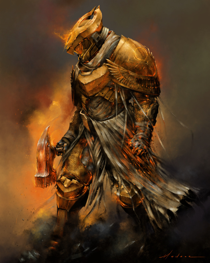 1boy, absurdres, armor, brianmoncus, clenched_hand, destiny_(game), fire, flaming_weapon