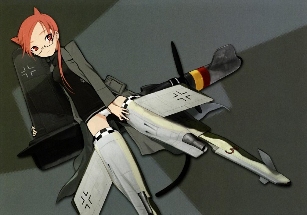 animal_ears, fw-190, fw_190, glasses, mecha_musume, no_pants, number, panties, red_eyes, red_hair, shimada_fumicane, shimada_fumikane, simple_background, smile, strike_witches, striker_unit, underwear, white_panties