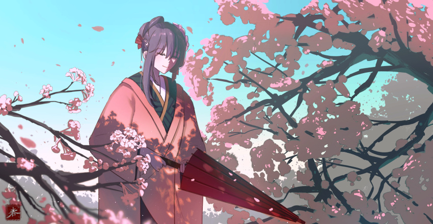 1girl, absurdres, birthday, blue_sky, bow, branch, cherry_blossoms, closed_eyes, day, english_text, fate/extra, fate/stay_night, fate_(series), flower, hair_bow, hair_flower, hair_ornament, hair_up, highres, japanese_clothes, kanzashi, kimono, matou_sakura, matou_sakura_(fate/extra), miuoo, name_connection, object_namesake, oil-paper_umbrella, red_umbrella, seal_impression, sky, smile, uchikake, umbrella