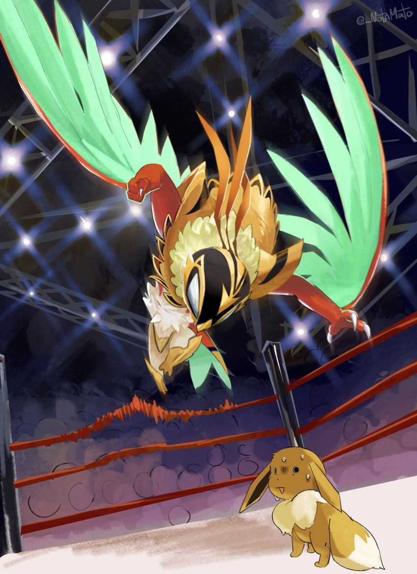 bird, black_eyes, blank_eyes, brown_fur, claws, dynamic_pose, eevee, feathers