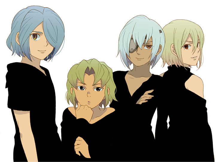 afuro_terumi, alternate_hairstyle, androgynous, bare_shoulders, black, blue_hair, eyepatch, green_eyes, green_hair, hair_over_one_eye, inazuma_eleven, inazuma_eleven_(series), kazemaru_ichirouta, male, midorikawa_ryuuji, multiple_boys, okayu_x, sakuma_jirou, short_hair