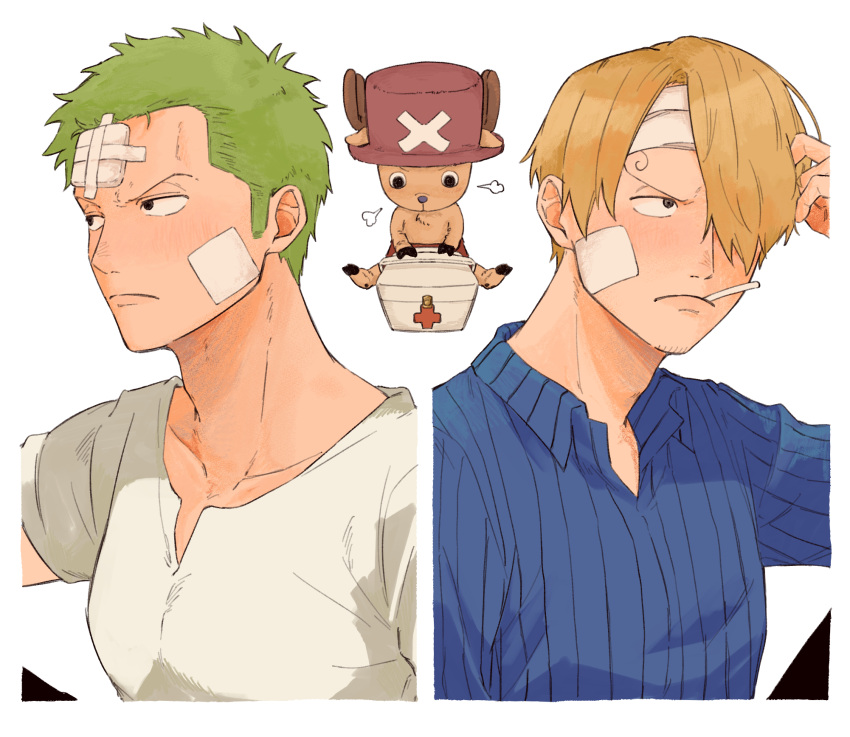 3boys, adam's_apple, blonde_hair, cigarette, closed_mouth, first_aid_kit, furry, furry_male, gauze, green_hair, hat, highres, iqracha, male_focus, multiple_boys, one_piece, roronoa_zoro, sanji_(one_piece), shirt, short_hair, smoking, striped_clothes, striped_shirt, tony_tony_chopper, top_hat, twirling_hair, upper_body, white_background