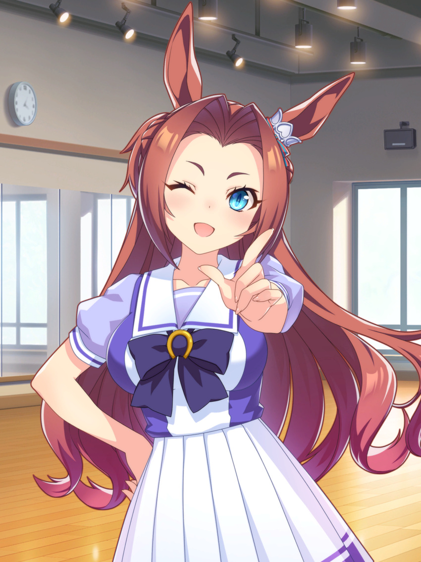 1girl, absurdres, analog_clock, animal_ears, artist_request, bare_arms, blue_bow, blue_bowtie