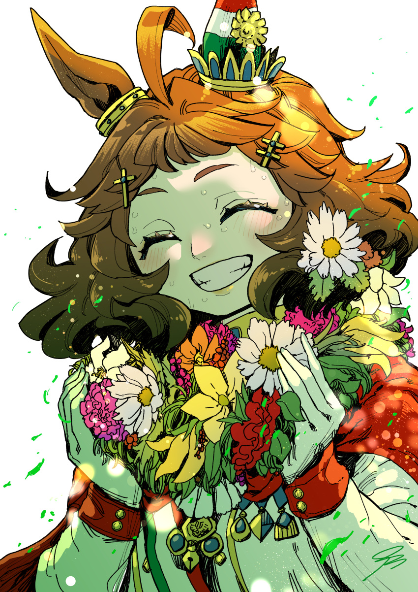 absurdres, ahoge, animal_ears, brown_hair, closed_eyes, commentary_request, cross_hair_ornament, flower, gloves, grin, hair_ornament, highres, holding, holding_flower, horse_ears, horse_girl, kincsem_(racehorse), moriseishiro_(uroshiiserimo), orange_flower, original, pink_flower, red_flower, simple_background, smile, sweat, umamusume, white_background, white_flower, white_gloves, yellow_flower