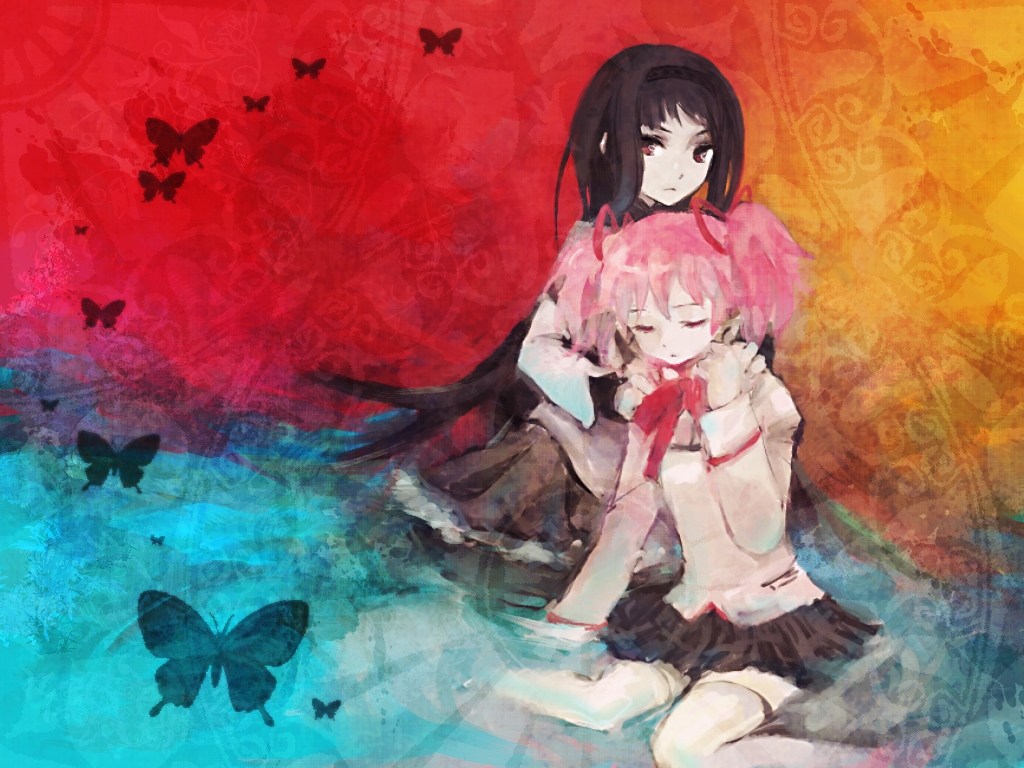akemi_homura, bad_id, black_hair, brown_eyes, butterfly, closed_eyes, eyes_closed, faux_traditional_media
