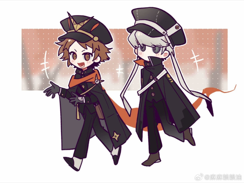 2boys, black_gloves, black_hat, black_pants, blush, brown_eyes, brown_hair, cosplay