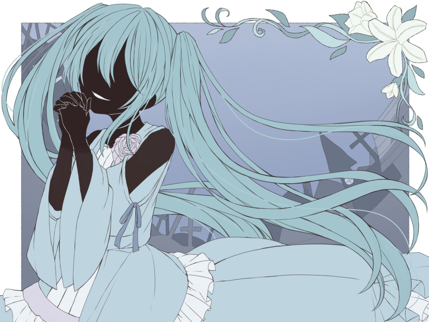 aqua_hair, baggy_clothes, bare_shoulders, blue_dress, building, chii1113, clothing_cutout, colored_eyelashes
