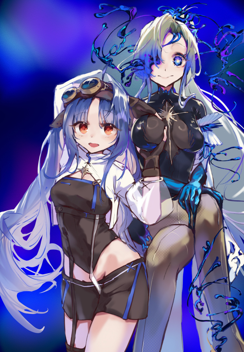 2girls, arcaea, arms_behind_head, belt, black_belt, black_bodysuit, black_gloves, black_shirt