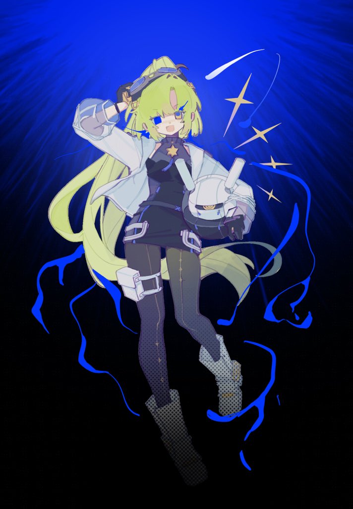 1girl, arcaea, black_gloves, black_shirt, black_skirt, black_thighhighs, blue_eyes, boots