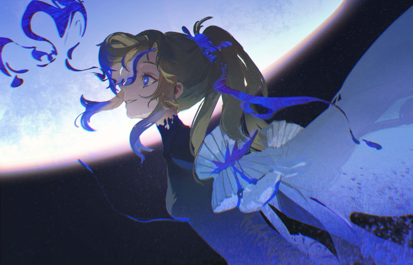 1girl, absurdres, arcaea, black_bodysuit, black_gloves, blonde_hair, blue_eyes, bodystocking