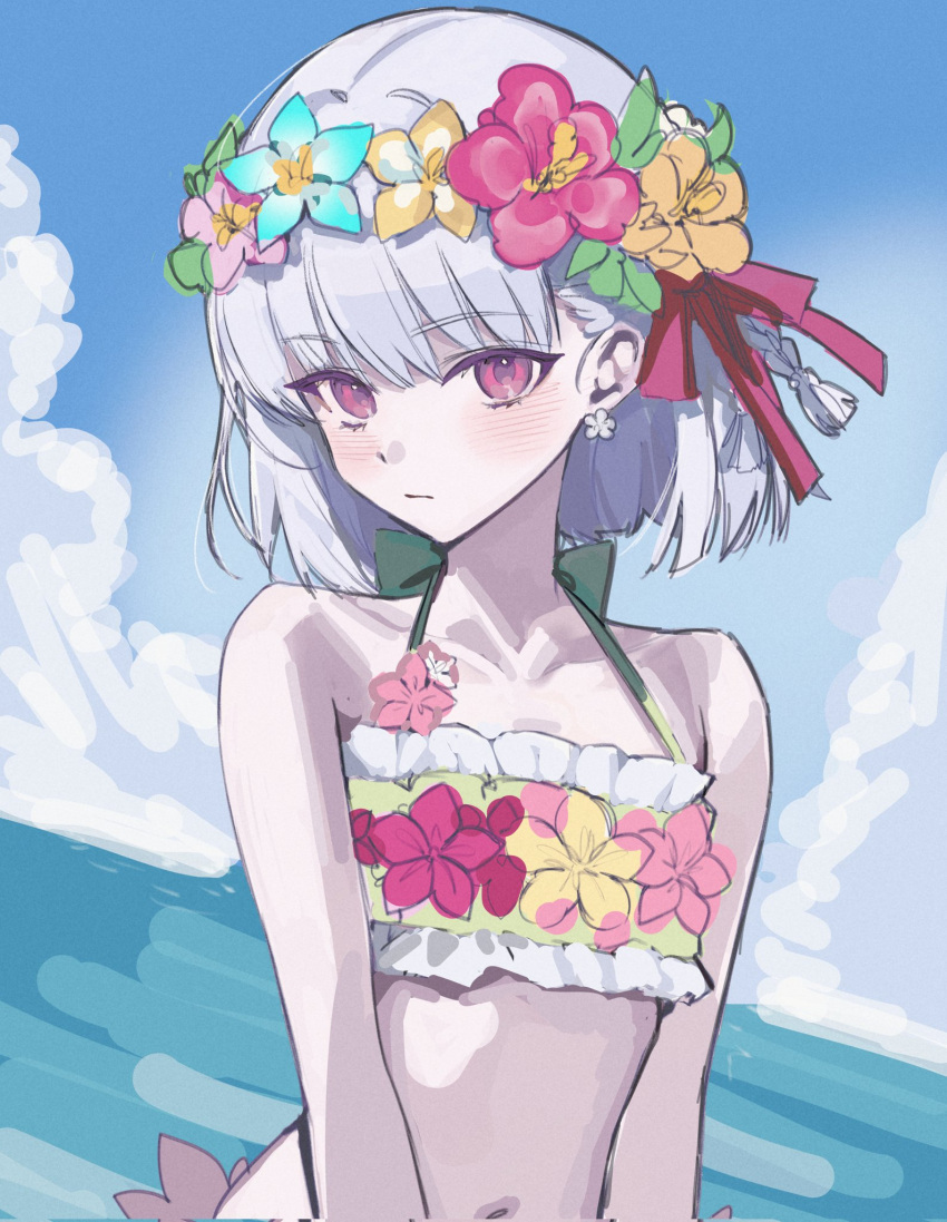 1girl, blush, closed_mouth, earrings, fate/grand_order, fate_(series), grey_hair, hair_ribbon, head_wreath, highres, jewelry, kama_(fate), kama_(swimsuit_avenger)_(first_ascension)_(fate), kama_(young)_(fate), looking_at_viewer, navel, ocean, okchun, pink_ribbon, red_eyes, ribbon, short_hair, solo, swimsuit, water