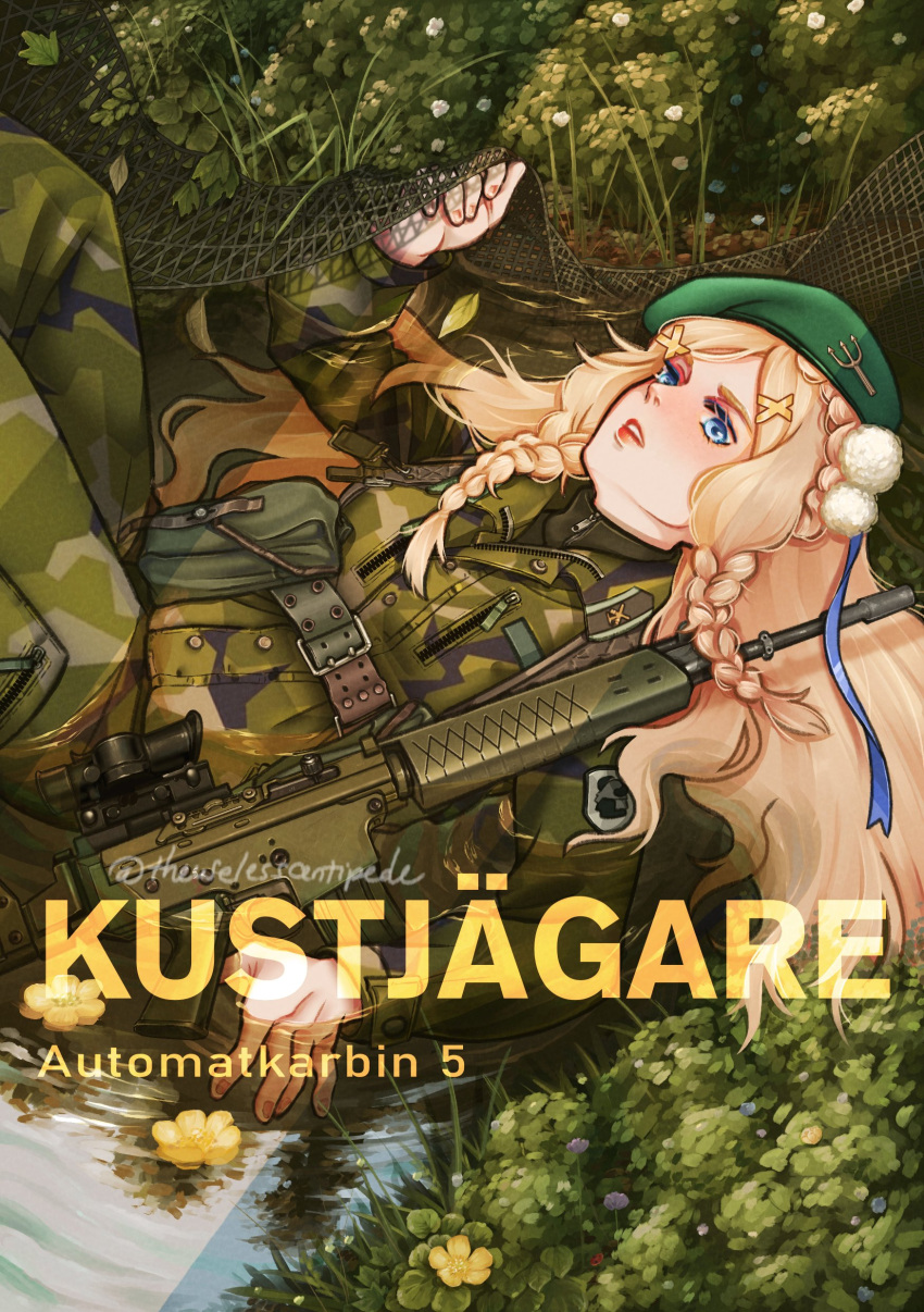 1girl, absurdres, ak_5, ak_5_(girls'_frontline), assault_rifle, beret, blonde_hair, blue_eyes, braided_sidelocks, camouflage, camouflage_jacket, flower, fn_fnc, girls_frontline, gun, hair_ornament, hat, highres, jacket, justcentipde, long_hair, looking_at_viewer, lying, military_uniform, net, on_back, partially_submerged, pom_pom_(clothes), pom_pom_hair_ornament, rifle, twitter_username, weapon, x_hair_ornament