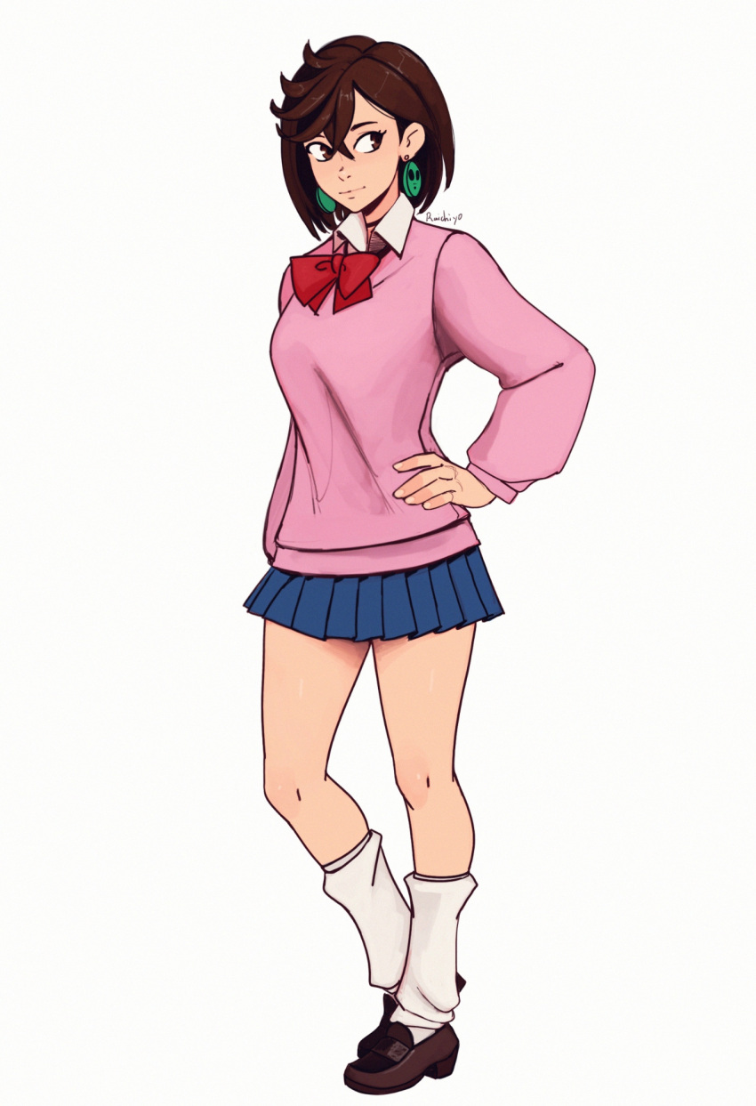 1girl, ayase_momo, blue_skirt, bow, brown_hair, brown_shoes, crossed_bangs, danganronpa_(series)