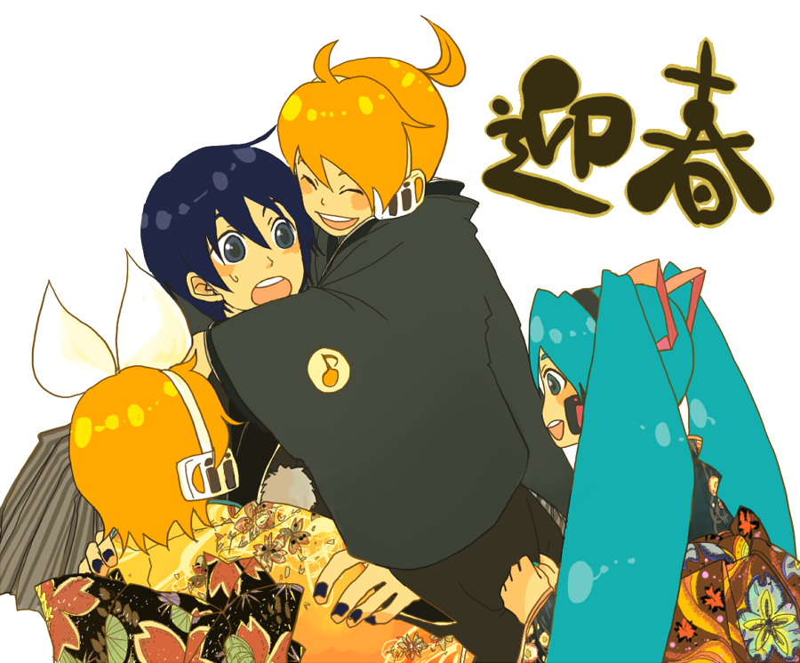 2boys, 2girls, :d, :o, blonde_hair, blue_eyes, blue_hair, blush
