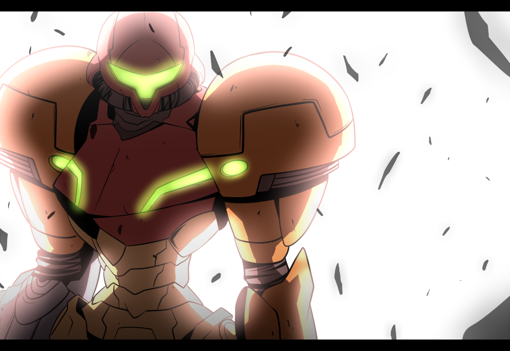 armor, debris, glowing, helmet, letterboxed, metroid, metroid_other_m, neon_trim