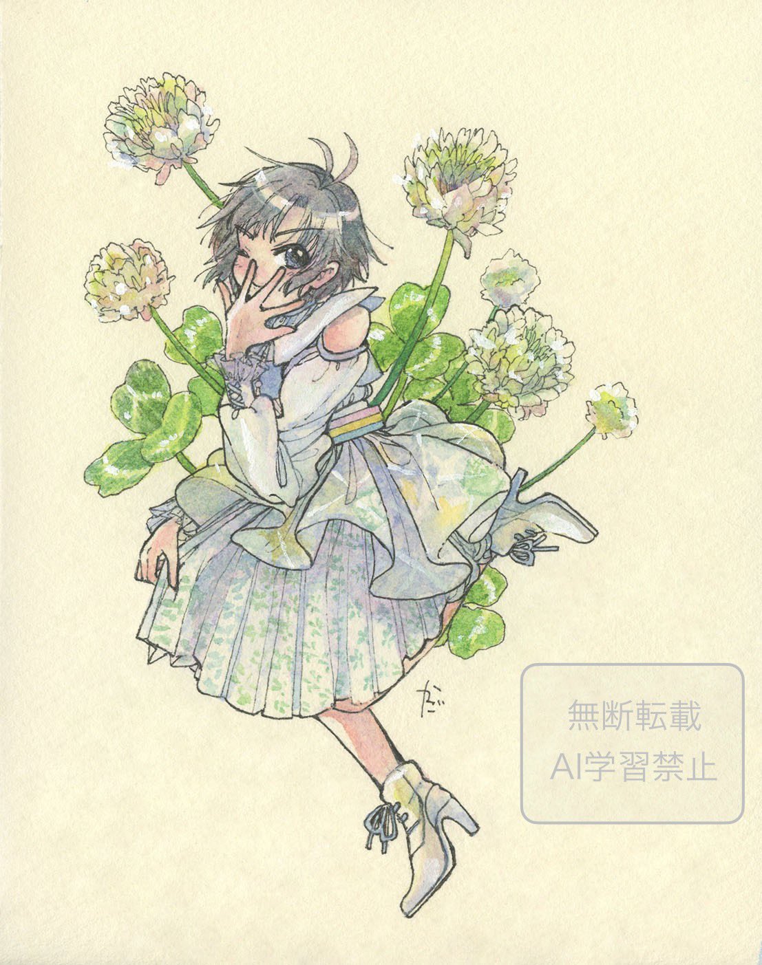 antenna_hair, black_hair, boots, clover, colored_pencil_(medium), detached_sleeves, dress, hand_on_skirt, hand_over_face, high_heel_boots, high_heels, highres, idolmaster, idolmaster_(classic), kago_ya765, kikuchi_makoto, looking_at_viewer, parted_bangs, traditional_media, white_dress, yellow_background