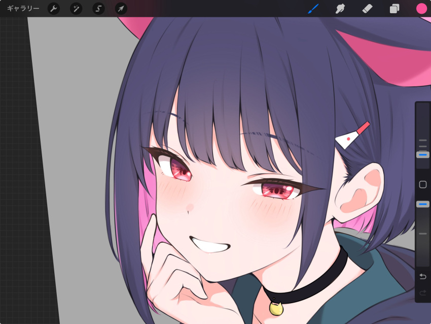 1girl, animal_ears, art_program_in_frame, art_program_request, black_choker, blue_archive, blush, cat_choker, cat_ears, choker, close-up, colored_inner_hair, commentary_request, green_sailor_collar, hair_ornament, hairclip, hand_on_own_cheek, hand_on_own_face, highres, hood, hood_down, hooded_jacket, jacket, kazusa_(blue_archive), kurumi_kororin, looking_at_viewer, medium_hair, multicolored_hair, open_mouth, pink_hair, portrait, purple_hair, purple_jacket, red_eyes, sailor_collar, screenshot, sidelocks, smile, solo, teeth, unfinished