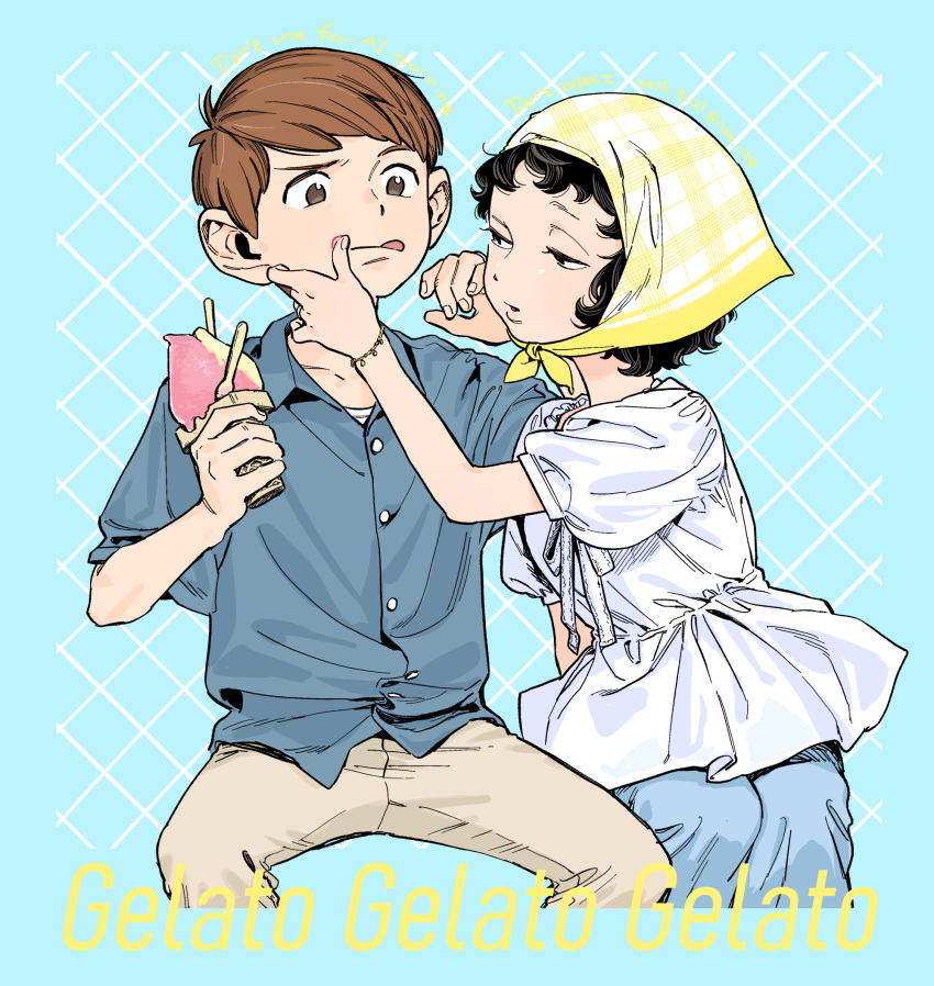 1boy, 1girl, black_hair, blue_background, bracelet, brown_eyes, brown_hair, can_o29, chilchuck's_wife, chilchuck_tims, collared_shirt, commentary_request, dungeon_meshi, eating, english_text, food, food_on_face, headscarf, highres, holding, holding_food, holding_ice_cream, ice_cream, ice_cream_cone, invisible_chair, jewelry, pants, shirt, short_hair, short_sleeves, sitting, tongue, tongue_out, wiping_face