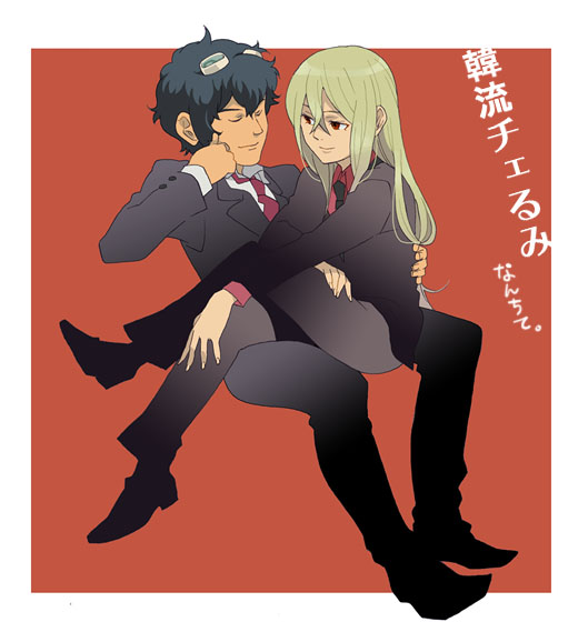 afuro_terumi, black_hair, blonde_hair, chae_chan-soo, curly_hair, formal, goggles, inazuma_eleven, inazuma_eleven_(series), long_hair, male, multiple_boys, okayu_x, red_eyes, sitting, sitting_on_lap, sitting_on_person, smile, suit, tuxedo, very_long_hair