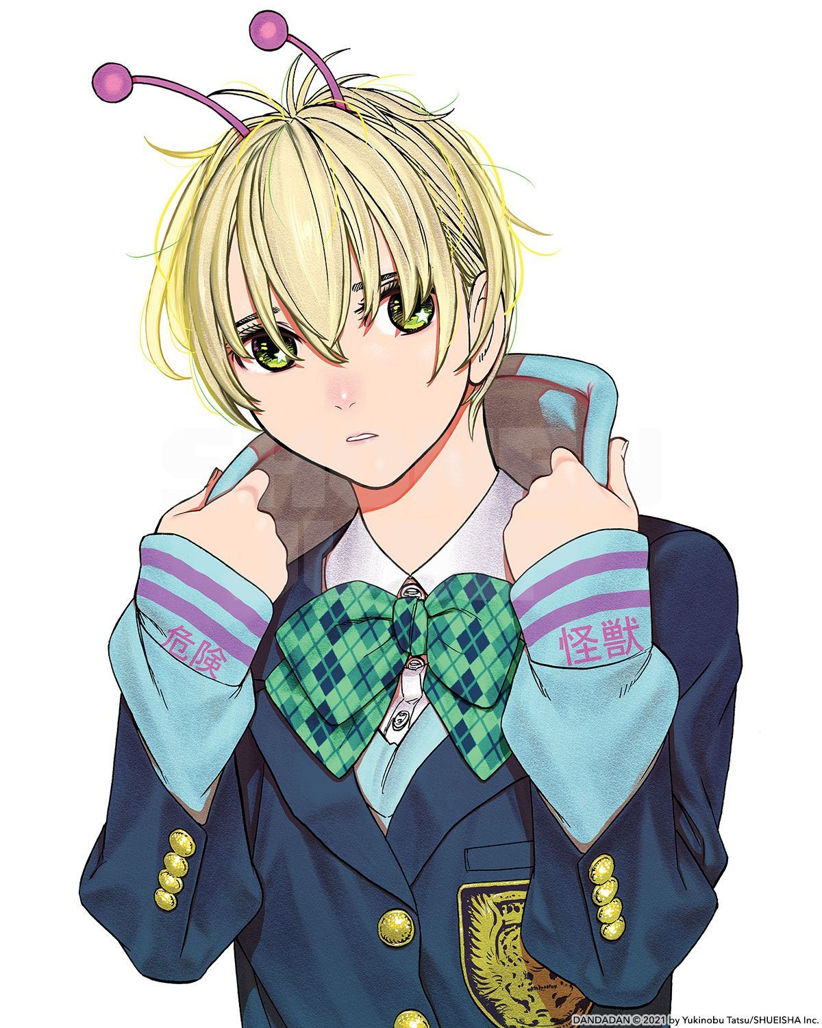 1girl, alien, antennae, blonde_hair, blue_hoodie, blue_jacket, bow, dandadan