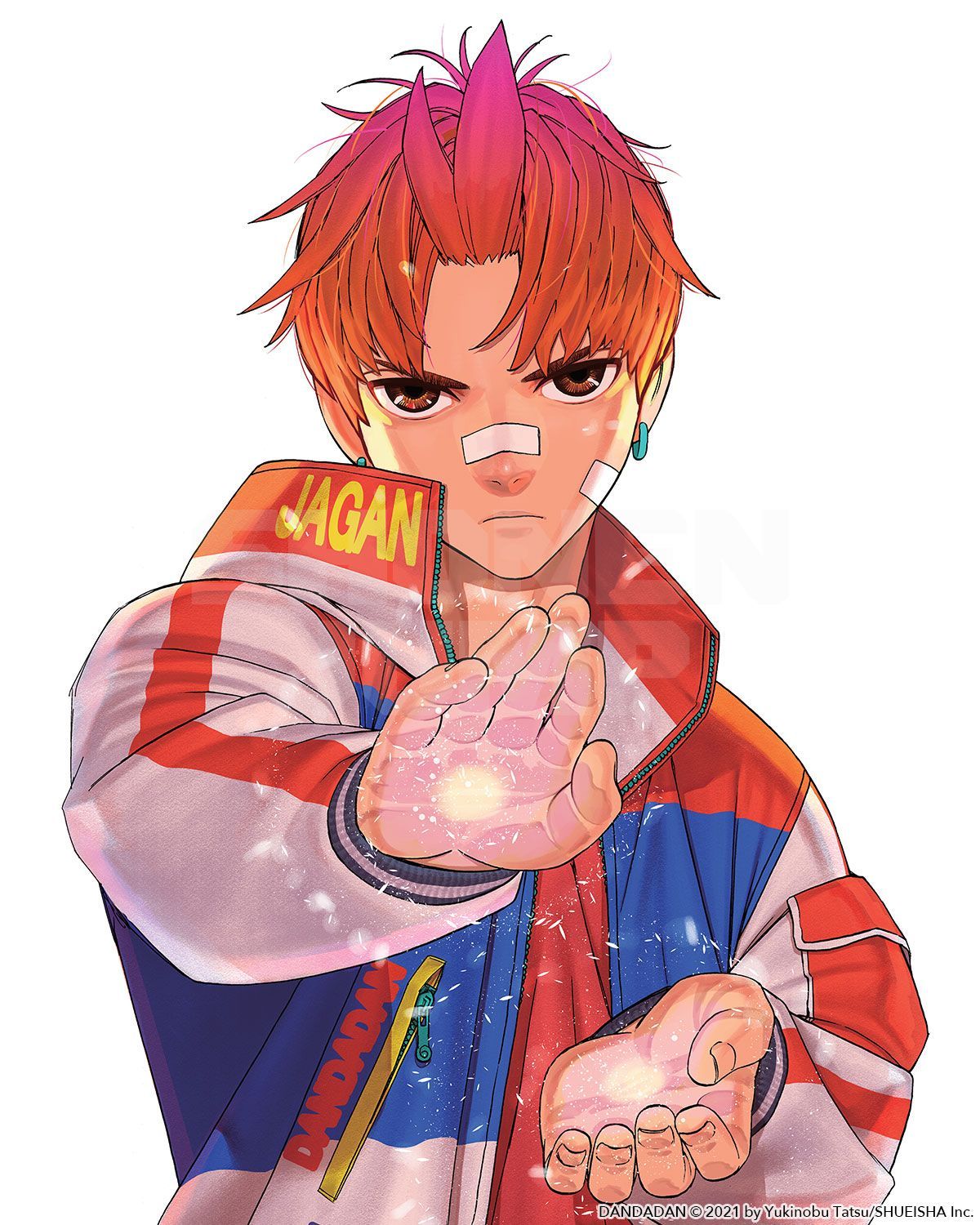 1boy, bandages, bandaid, bandaid_on_face, brown_eyes, dandadan, earrings, enjoji_jin