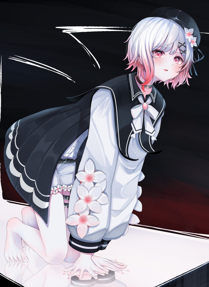 1girl, all_fours, barefoot, beret, black_choker, black_dress, black_hat, choker