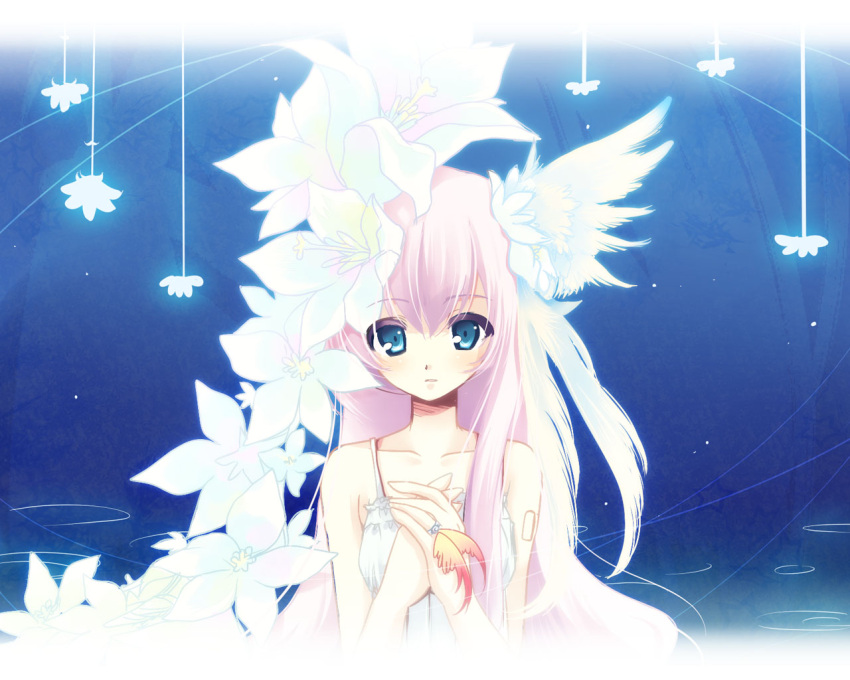 aqua_hair, bust, child-box, flower, hair_flower, hair_ornament, head_wings, jewelry