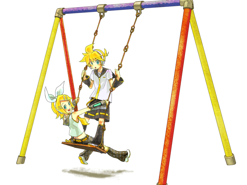 1boy, 1girl, :d, :o, black_leg_warmers, blonde_hair, blue_eyes, bow