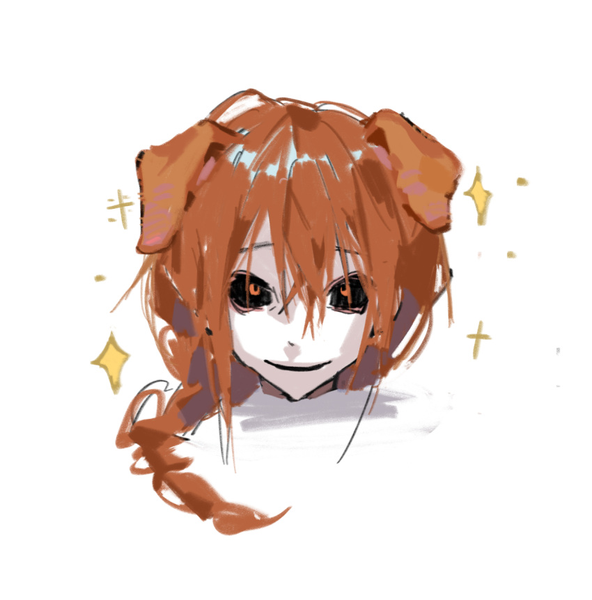 1boy, animal_ears, black_sclera, braid, colored_sclera, commentary_request, dog_boy, dog_ears, highres, homicipher, kali7827, kemonomimi_mode, long_hair, looking_at_viewer, male_focus, mr._chopped, orange_eyes, orange_hair, severed_head, simple_background, single_braid, solo, sparkle, sparkling_aura, white_background