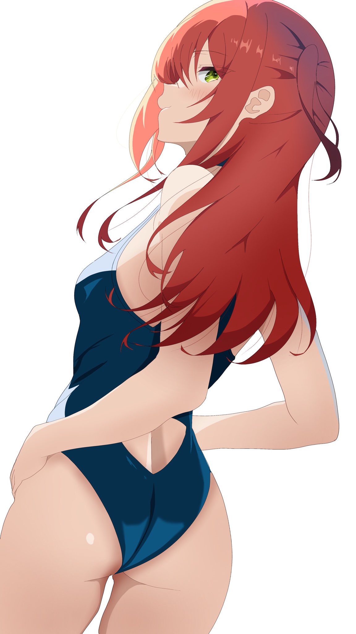 1girl, awaco_ruku, bocchi_the_rock!, breasts, from_behind, green_eyes, hands_on_own_hips, highres, kita_ikuyo, long_sleeves, looking_at_viewer, medium_breasts, one-piece_swimsuit, one_side_up, ponytail, red_hair, side_ponytail, sidelocks, simple_background, solo, swimsuit, white_background