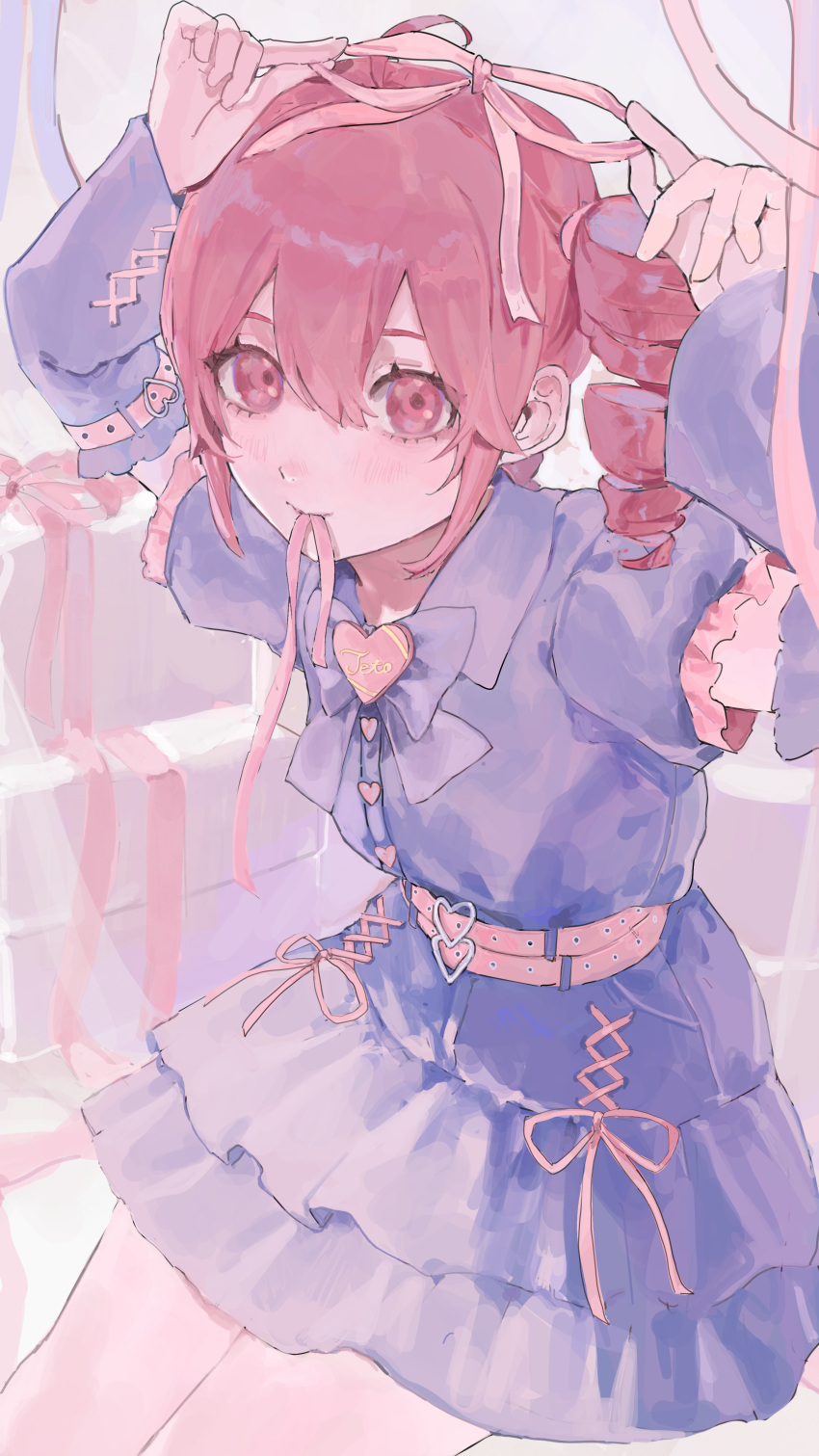 1girl, absurdres, adapted_costume, adjusting_clothes, aegyo_sal, arms_up, belt, black_skirt