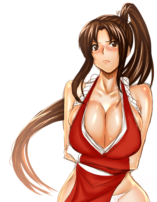 blush, breast_hold, breasts, brown_eyes, brown_hair, cleavage, crossed_arms, fatal_fury