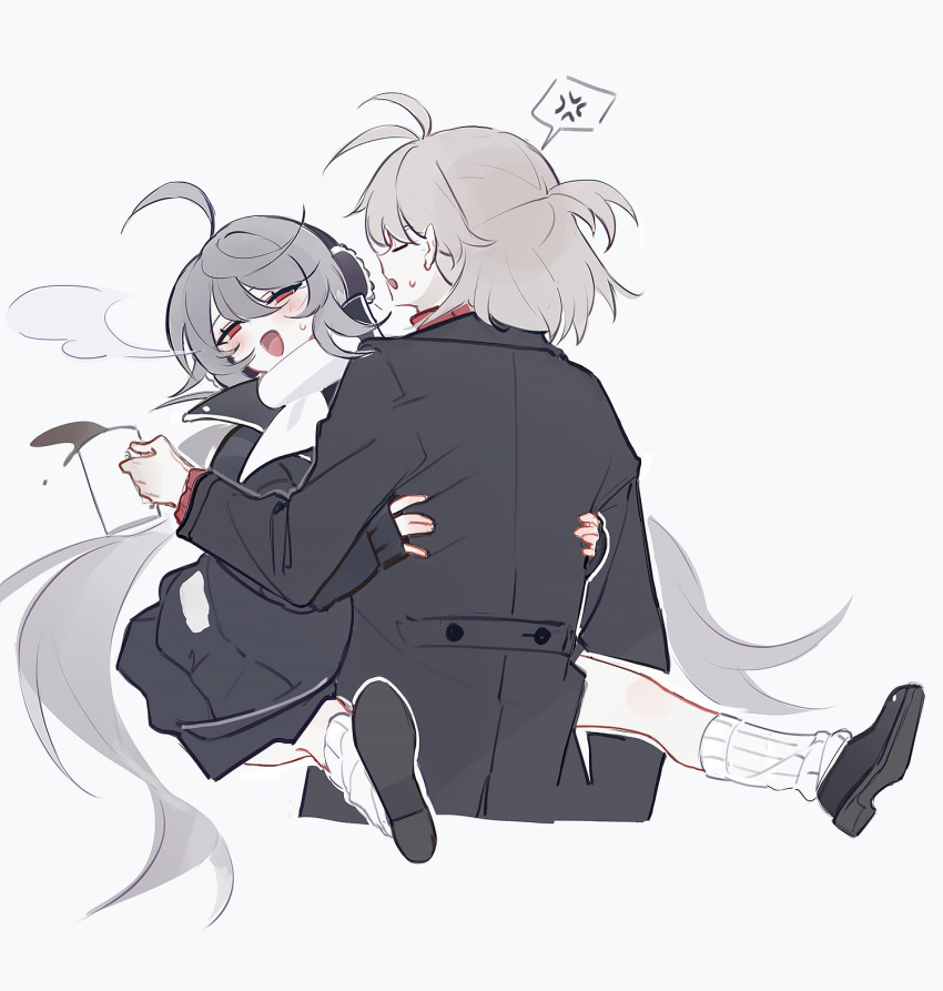 1boy, 1girl, :d, ahoge, anger_vein, ankle_socks, antenna_hair, black_coat