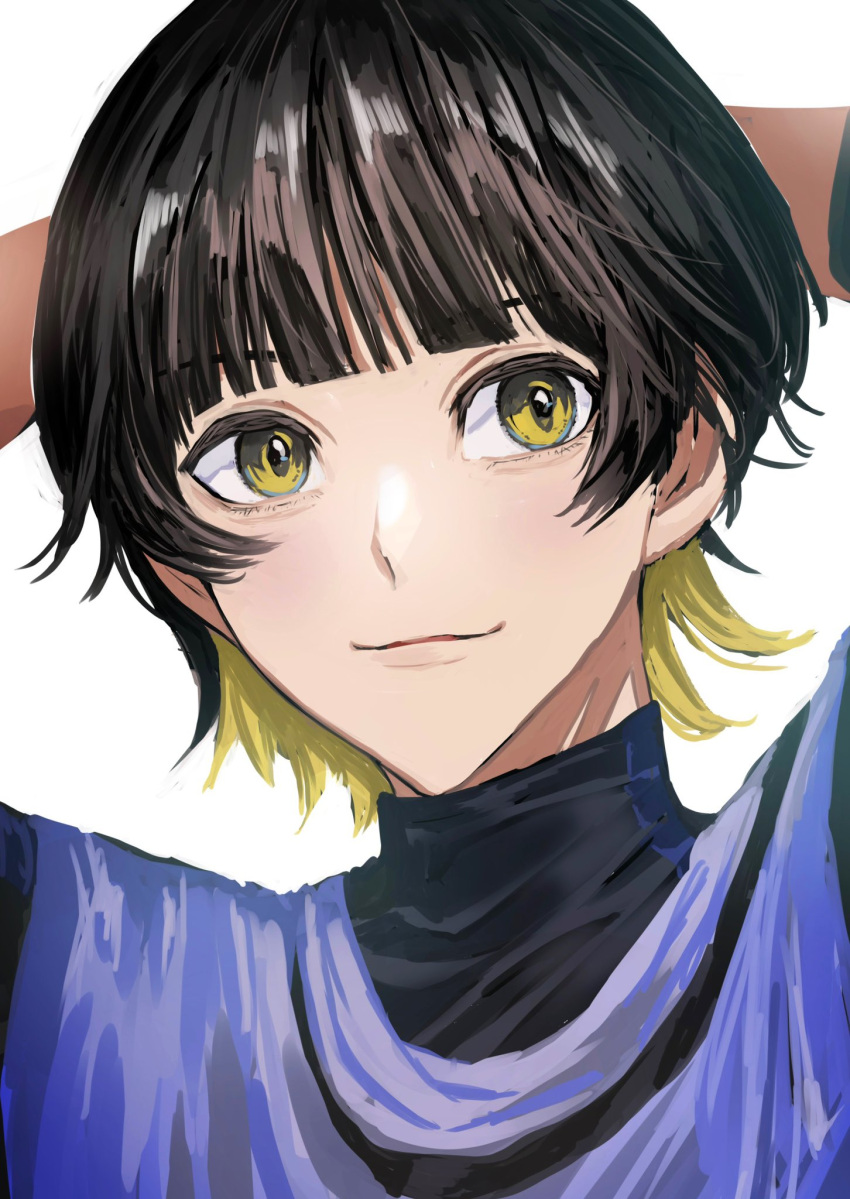 1boy, bachira_meguru, black_hair, blonde_hair, blue_lock, blue_lock_bodysuit, blunt_bangs, closed_mouth