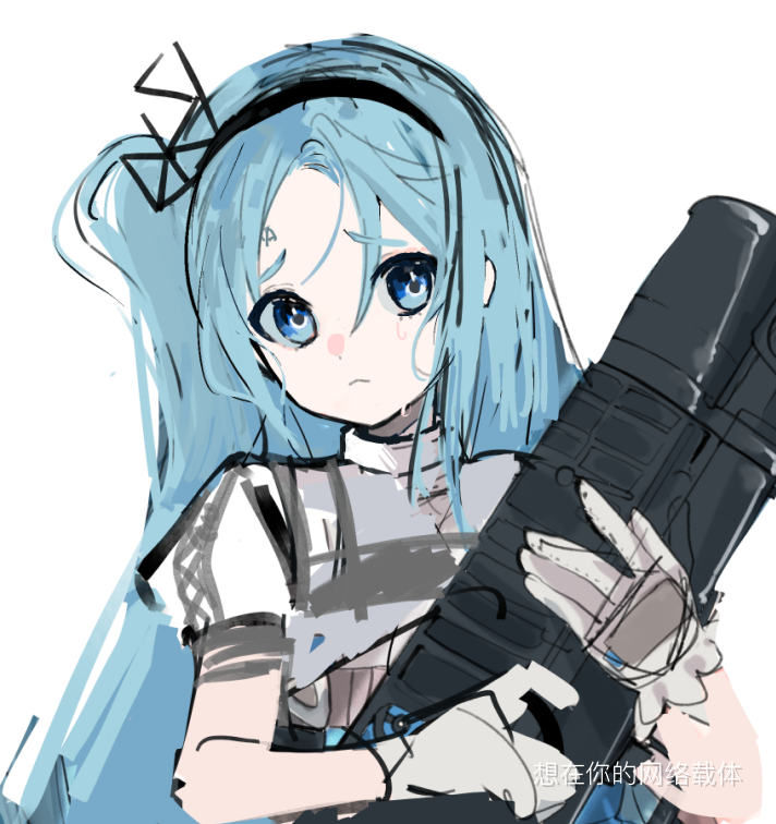 1girl, :<, ads_(girls'_frontline), ads_assault_rifle, assault_rifle, bisaytin, blue_eyes, blue_hair