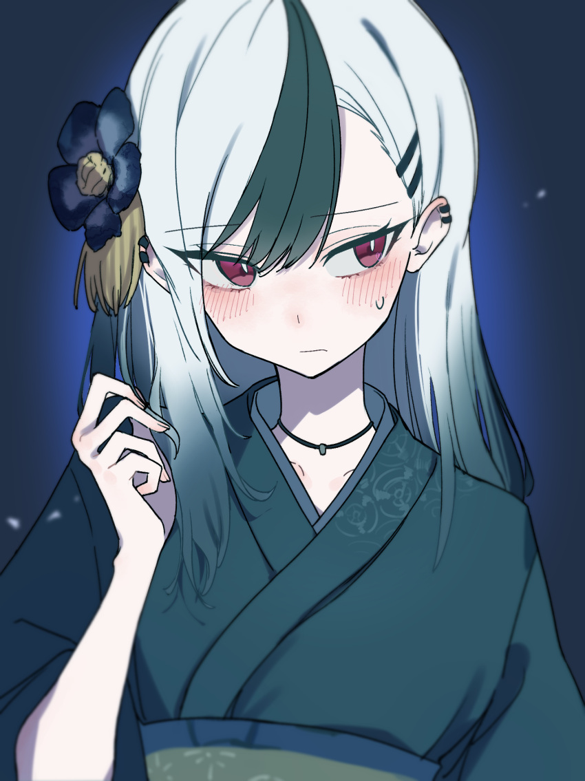 1girl, blue_archive, blush, breasts, hattori_(omegamega1001), highres, japanese_clothes, kayoko_(blue_archive), kayoko_(new_year)_(blue_archive), kimono, multicolored_hair, red_eyes, small_breasts, solo, two-tone_hair, upper_body, white_hair