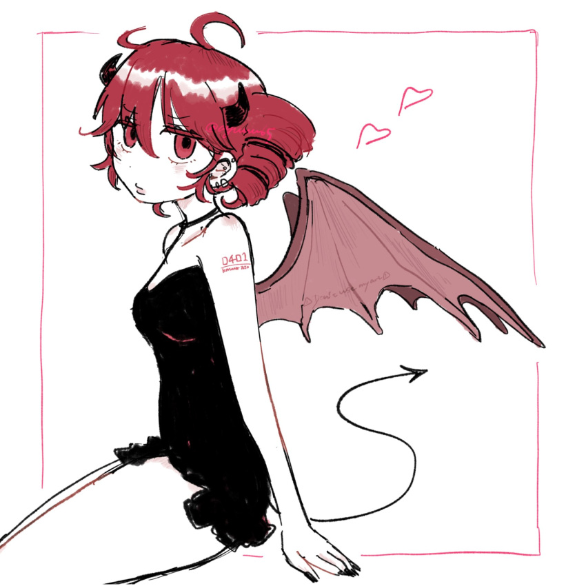 1girl, ahoge, ayuuu65, bare_shoulders, bat_wings, black_dress, demon_girl, demon_horns